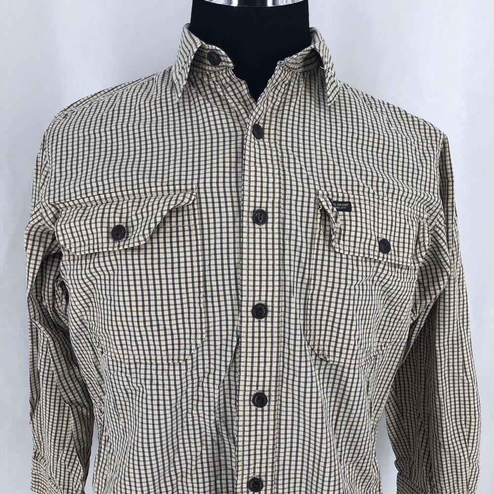 Polo Sport Ralph Lauren Button Up Long Sleeve Shirt Beige Check Medium